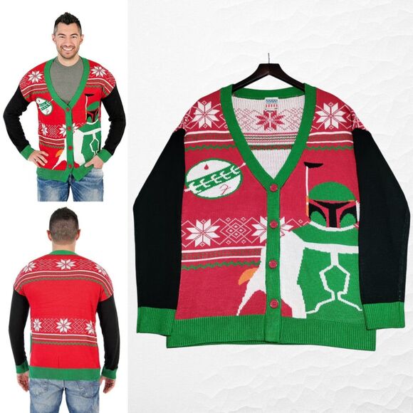 Junk Food Mens Large‎ Star Wars Boba Fett Ugly Christmas Sweater Cardigan - Picture 1 of 15